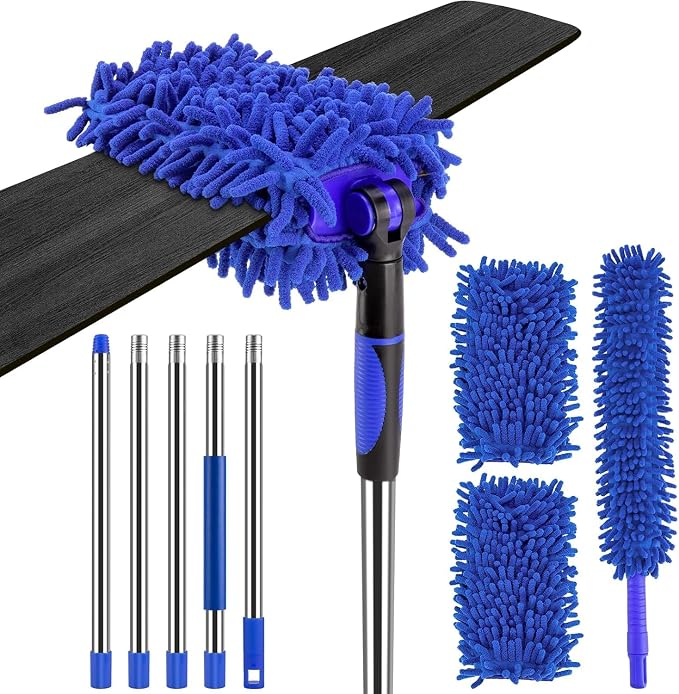 CALBEAU Ceiling Fan Cleaner Duster with 80" Extension Pole | 90° Folding Head; Adjustable 35"-80" Pole; Bendable Washable Chenille, for Ceiling Fan Blade Cleaner, Lamps, Vents