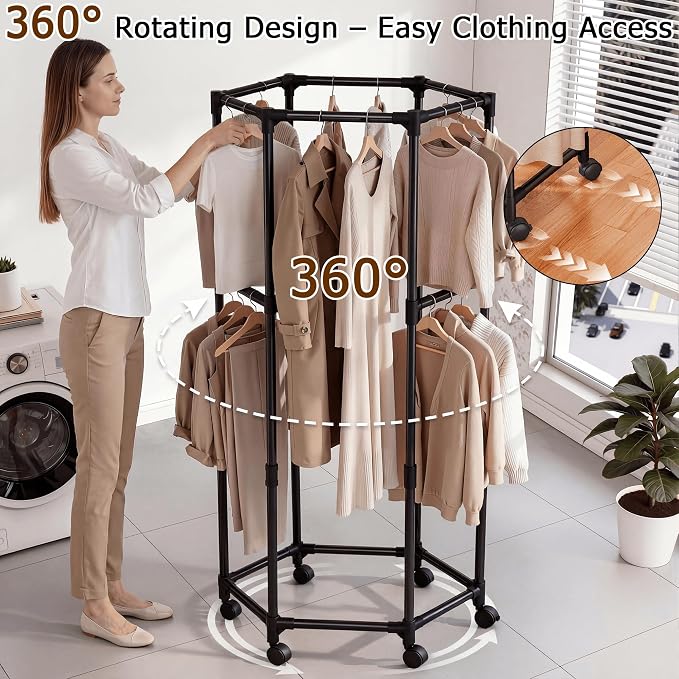 360° Rotating Hexagonal Clothes Hanger With Wheels, Space-Saving Freestanding Floor With Double Layer Hanging Bars, Multi-Compartment Floor-Standing Clothes Rack (Upgrade-White)