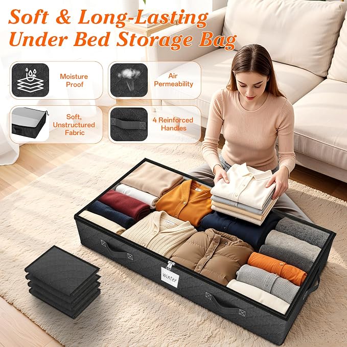 90L Under Bed Storage Containers, Storage Bags, Organizers, 6-Pack, Black | Foldable, Soft Fabric, Closet Organizers, Reinforced Handle, Label Holder, Clear Window, for Comforters, Clothing, Blankets