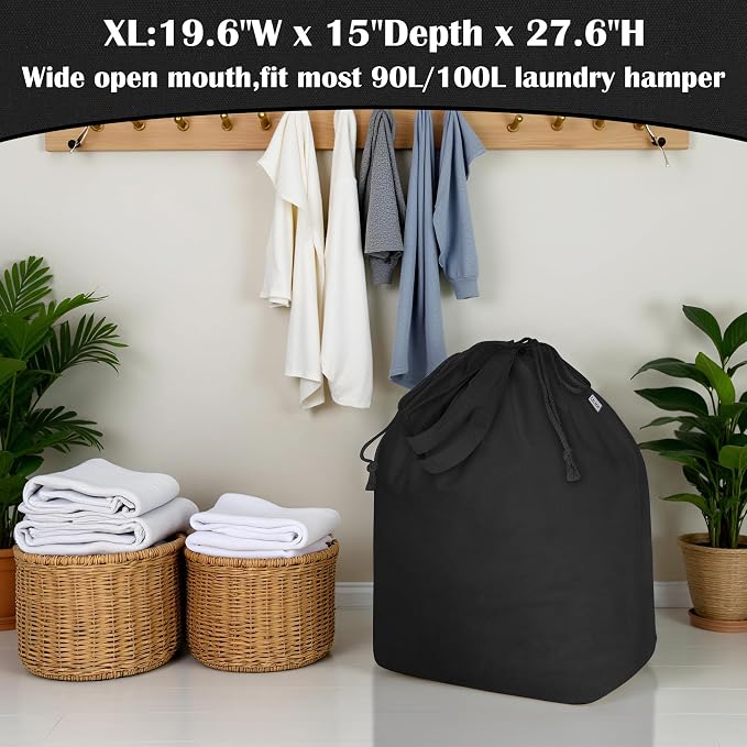 Canvas Laundry Bags with Handles & Rectangular Base, 20"Wx15"Dx27.6"H Black | Extra Large Heavy Duty Laundry Basket Hamper Liner Replacement, Washable Drawstring Dirty Clothes Bag, canvas Storage Sack