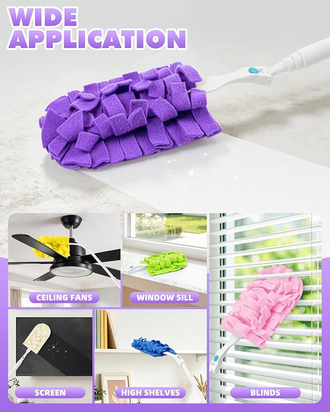 12 PCS Reusable Duster Refills with 3 ft Extendable Handle for Swiffer | Washable Fleece Pads in 6 Colors, 360° Heavy Duty Duster Cleaning for Ceiling Fans, Blinds & High Places, Wet & Dry Use