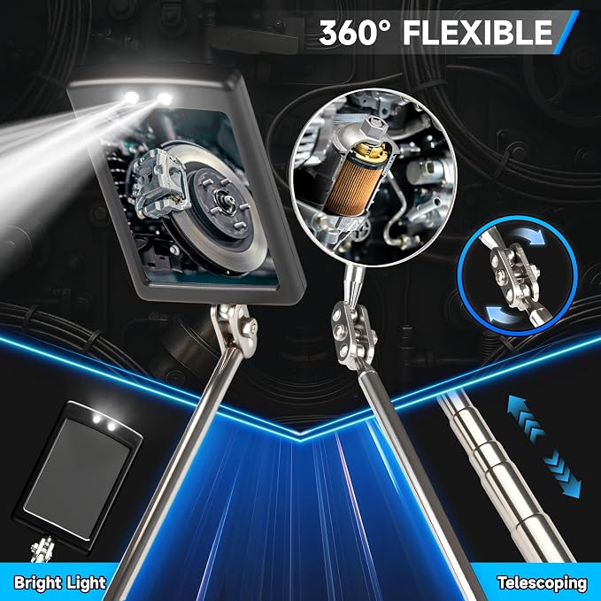 5Pcs Telescoping Magnetic Pick Up Tool Set | 1lb & 15lb Pick-up Rod, 360° Square & Circle Swivel Adjustable Inspection Mirror, LED Flashlight, Dad Gifts