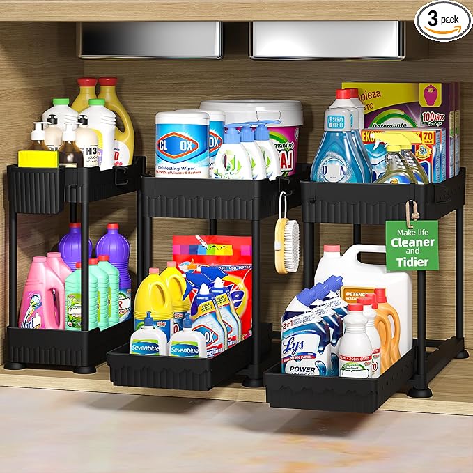 Sevenblue 3 Pack Under Sink Organizers, 2-Tier Multi-Use Kitchen and Bathroom Organizers and Storage with Sliding Drawers, Bathroom Cabinet Organizer (Black, 14.8 Inch)