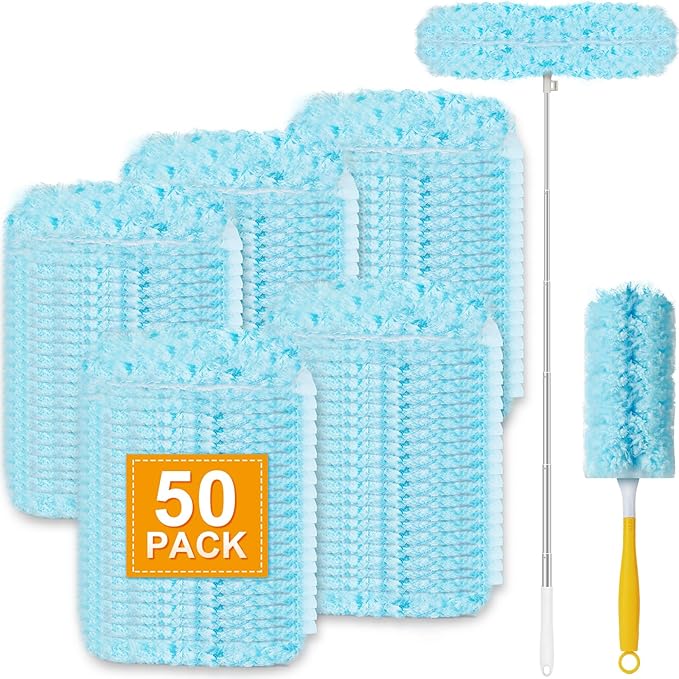 50Pcs Duster Refill Compatible with Swiffer Hand Duster +4FT Extended Handle +1 Handle, 360° Heavy Duty Duster Refills Kit for Cleaning, Office, Ceiling Fan, Baseboard & Blind