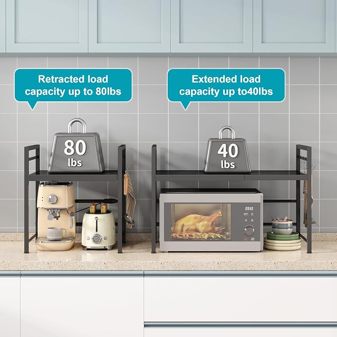 DOLALIKE Microwave Oven Rack, Expandable Microwave Stand Countertop Kitchen Utensils Tableware Storage, Carbon Steel Over Microwave Shelf Countertop with 3 Hooks | Adjustable Microwave Oven Rack Metal Storage Shelf for Pans Small Appliances Kitchen Ute...