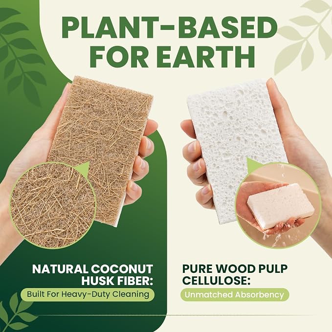 Metflavor Kitchen Sponges, 6 Count, Natural Non-Scratch Cellulose Sponge with Coconut Scrubber for Dishes, Biodegradable & Compostable, Non Toxic Cleaning Sponges for Kitchen, Bathroom, Household