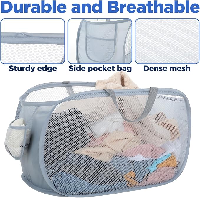 Foldable Laundry Basket Set of 4, Durable Mesh Material, Easy Carry Handles, Perfect for Home, Dorm, Travel - Beige, Navy, Black, Grey
