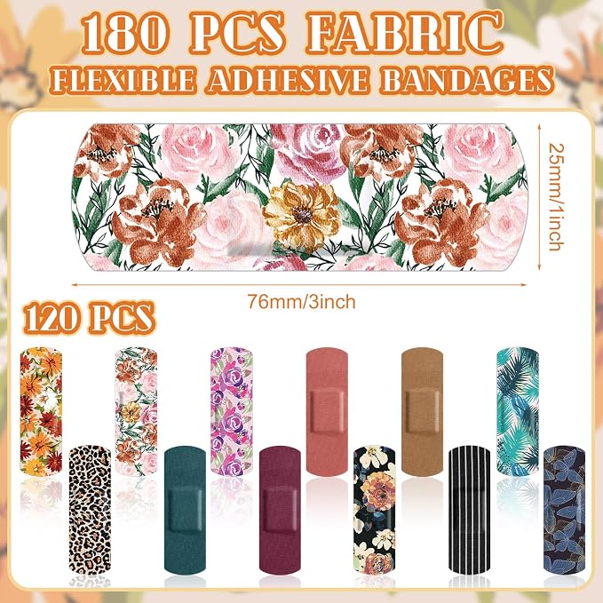 Threlaco 180 Pcs Flexible Fabric Adhesive Bandages Bulk Assorted Bandages Floral Breathable Fabric Strip with Non Stick Pad, Flexible Protection Wound Care for Women Cuts Scrapes First Aid, 12 Styles