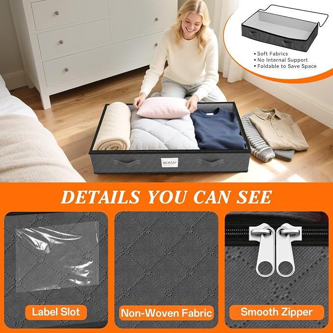 90L Under Bed Storage Containers, Storage Bags, Organizers, 8-Pack, Gray | Foldable, Soft Fabric, Closet Organizers, Reinforced Handle, Label Holder, Clear Window, for Comforters, Clothing, Blankets