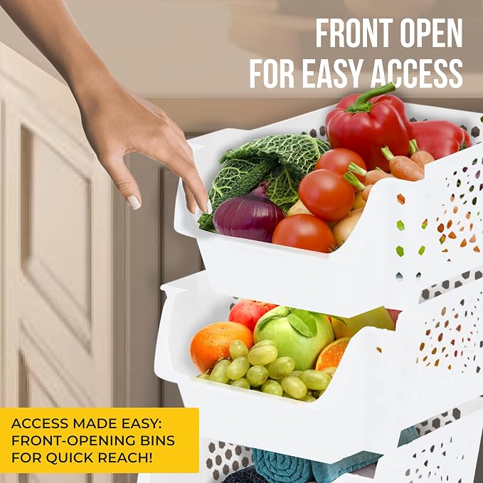 Skywin Stackable Storage Bins Open Front for Pantry Storage, 4 Pack - White | Sturdy Plastic, Easy Stacking, Breathable & Open Front Design, Pantry Storage for Snacks, Toiletries, and Small Essentials