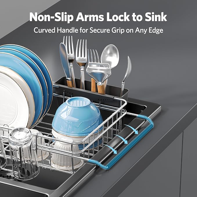 Delamu Over The Sink Dish Drying Rack for Small Kitchen | Expandable Stainless Steel in Sink Dish Drainer, Dish Rack for Kitchen Inside Sink with Utensil Holder, Rustproof, Medium