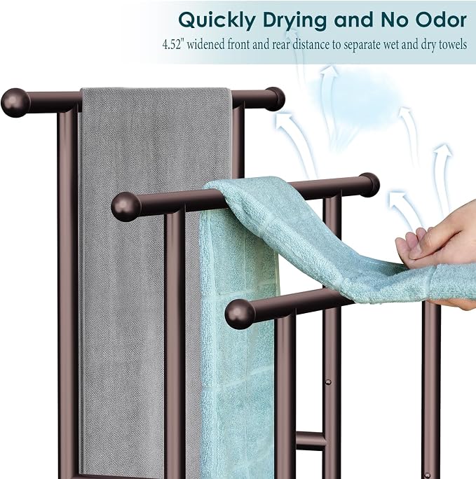 Kayfia 40'' Freestanding 3 Tier Alloy Steel Towel Rack with Storage Basket | Dual-Use Drying & Display Rack, Holds Oversized Bath Towels & Blankets, Fits Bathroom, Tub, Shower, Poolside, Bronze