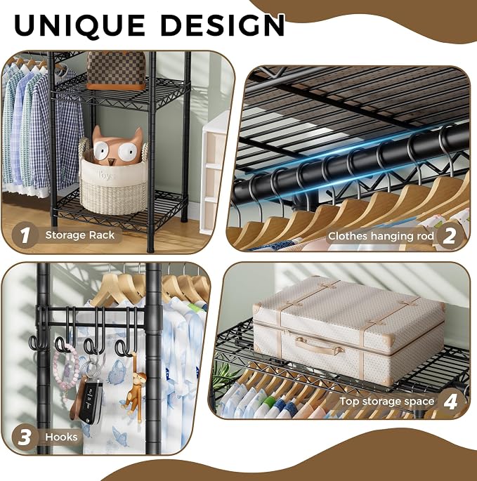 Golpart Heavy Duty Clothes Rack Metal Wardrobe with Adjustable Wire Shelves | Closet Organizers and Storage Clothing Rack Metal System Freestanding Hanging Clothes System Free Standing Garment Coat Racks