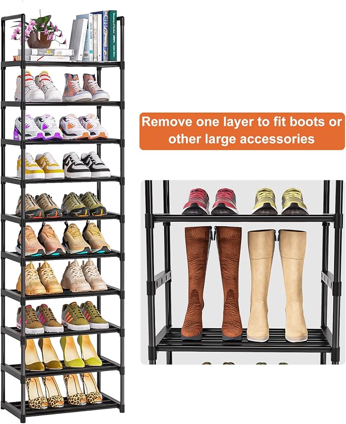 OYREL Shoe Rack - Sturdy Metal Shoes Storage Organizer for Closet, Entryway | Garage, Door Entrance, Space Saving 10-Tier Narrow Shoe Shelf, Stackable Free Standing Shoes Holder
