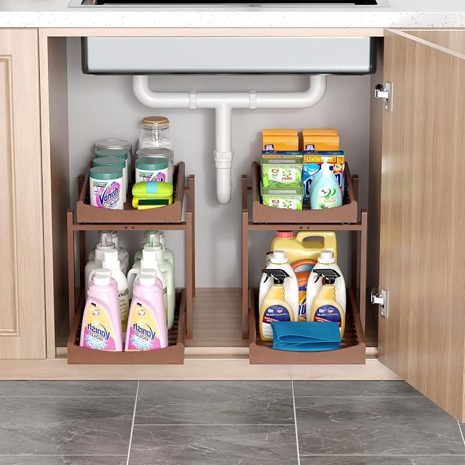 Bamboo Under Sink Organizer and Storage, 2 Pack Pull Out Cabinet Organization, 2 Tier Vertical Slide Out Undersink Storage Shelf, Multi-Purpose Organizer Shelves for Kitchen Bathroom Medicine