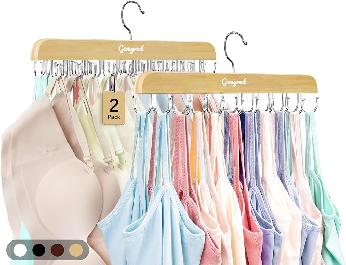 Gomyrod Tank Top Hanger, 2 Pack w/40 Hooks Bra Hanger for Closet Organizer | Premium Wood Space Saving Hanger, 360°Rotating Closet Organizers and Storage, Multi Hook Hanger for Dorm & Apartment