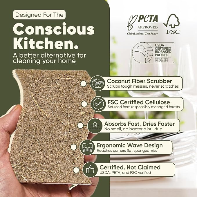 Plant-Based Kitchen Sponges (24 Pack) | USDA Biobased Certified | FSC & PETA Approved | Natural Cellulose & Coconut Scrubber Sponge | S-Shaped Design | Eco-Friendly, Non-Scratch, Non-Toxic & Vegan