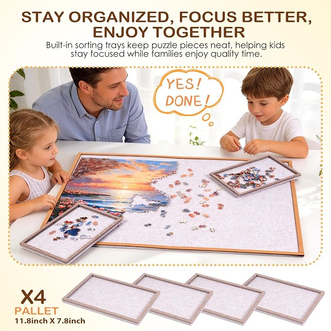 Puzzle Board for 1500 Pieces, Foldable Jigsaw Puzzle Board 35.4" x 26.18" with 4 Sorting Trays, 2-in-1 Folding Puzzle Table, Felt Puzzle Mat, Portable Puzzle Organizer Storage Board for Adults