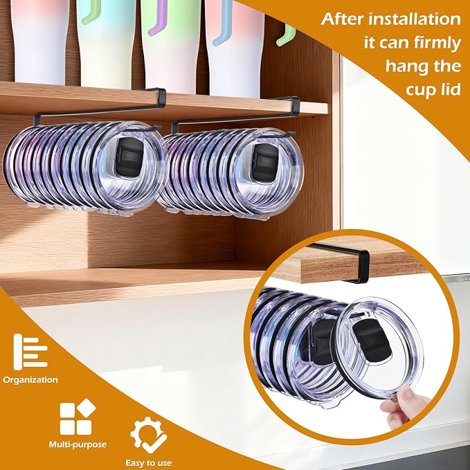 Tumbler Lid Organizer, Kitchen Space-Saving Cup Holder, Organizers for Under Cabinet Storage, No Glue or Drilling Required (Black)