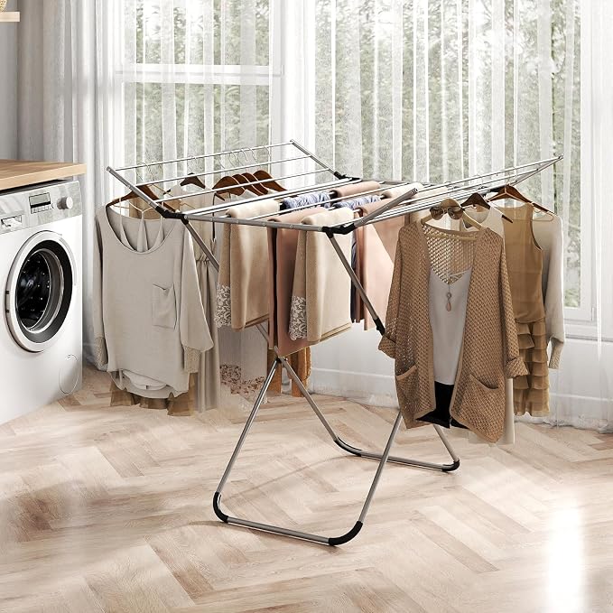 Giantex Foldable Clothes Drying Rack, Freestanding Aluminum Laundry Drying Rack with 2 Side Wings, Portable Space-Saving Clothing Airer for Indoor Outdoor Use