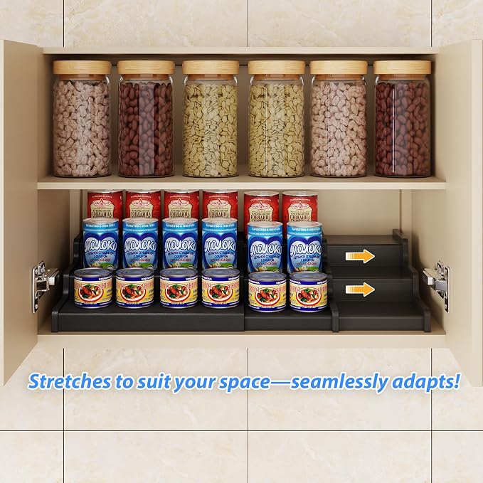 Expandable Bamboo Can Rack Organizer, 3-Tier Adjustable Pantry Storage, Can Holder for Kitchen & Pantry, Canned Food Soda Organizer, Holds Up to 24 Cans, Black (Patent Pending)