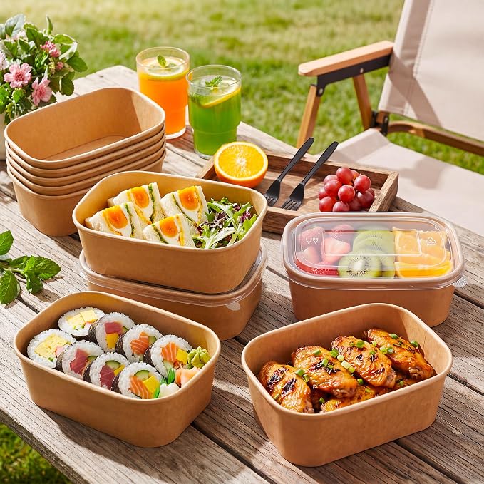 50 Pack 29oz Disposable Meal Prep Containers with Lids and Forks, Microwave and Freezer Safe Kraft Paper Bowls for Salad Noodles, Take Out Containers for Hot/Cold Food