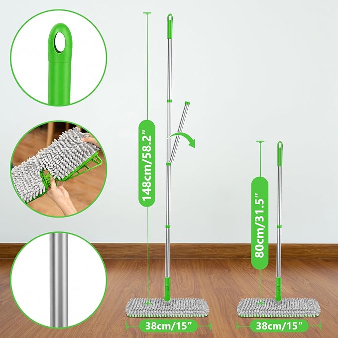 2-Sided Microfiber Dust Mop for Hardwood Floors & Walls | Flat Flip Head, Wet Dry Use, 3 Chenille & Microfiber Pads, 58" Handle, 360° Swivel, Sweep Pet Hair, Tile, Laminate, Kitchen