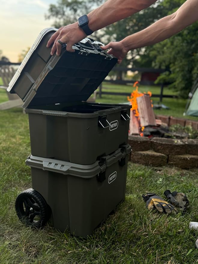 Keter Stack-N-Roll Outdoor Gear Organizer, 3-Piece Rolling Storage System | For Camping, Fishing Tackle, Hunting Equipment & RV Accessories, Modular Waterproof Tool Box with Wheels