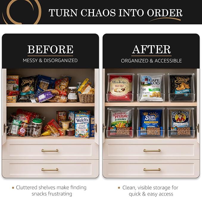 Sorbus Stackable Snack Organizer Bins Open Front – Clear Pantry Storage Bins for Chips, Snacks & Food Pouches – Kitchen Pantry Organizer (4 Pack) | Open Front, Clear, For Chips, Snacks & Food Pouches, Pantry Storage