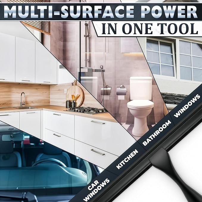 Shower Door Squeegee with Hook - 10" Silicone Blade, Stainless Steel Black Squeegee for Shower Glass with Adhesive Mount - All-Purpose Bathroom Tile, Mirror, & Window Wiper for Streak-Free Cleaning