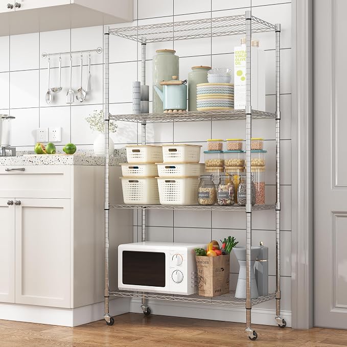 Homdox Heavy Duty 4-Tier Metal Shelving Unit with Adjustable Shelves, Rolling Storage Rack for Kitchen, Garage, Pantry, 36.02"x17.91"x74.41", Silver