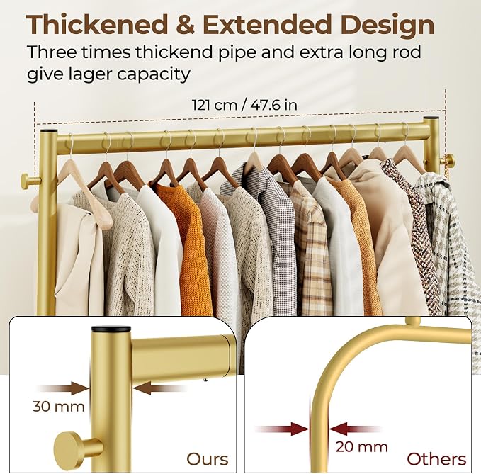 HYSEYY Clothes Clothing Rack, Rolling Heavy Duty Clothes Rack Load 420 LBS With Wheels, Metal Clothes Rack for Hanging Clothes, Portable Standing Clothes Garment Rack,Gold,48 inches