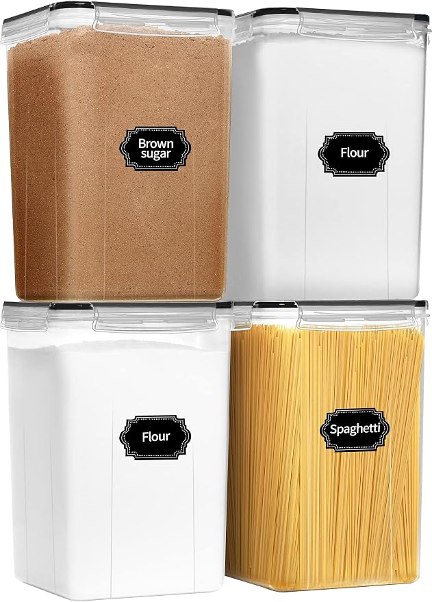 4pcs Large Tall Airtight Food Storage Containers with Lids - 6.5L / 5.9qt | Pantry Kitchen Organizers and Storage, Airtight Food Canisters with Lids for Kitchen, Pantry Organization, BPA Free, Black