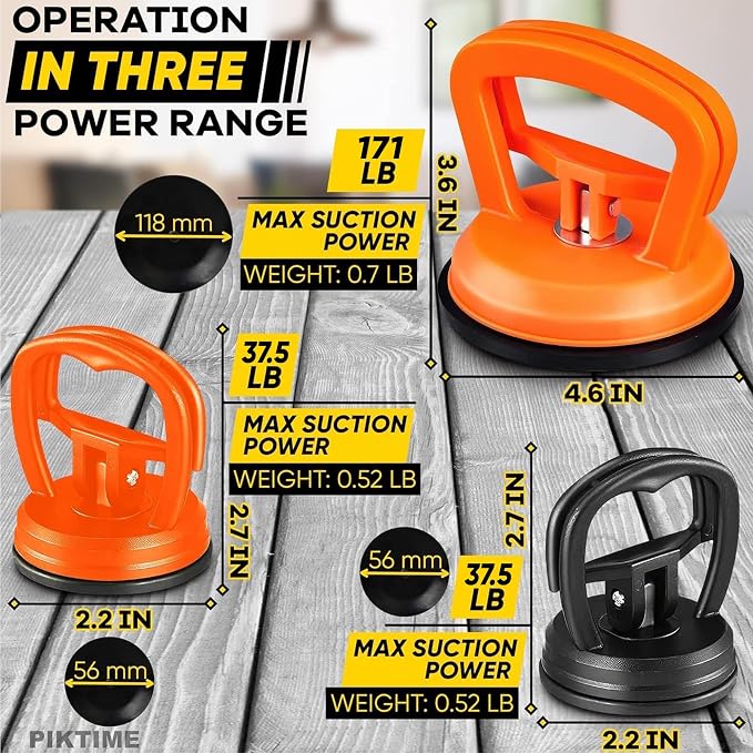 Car Dent Puller, 3 Pcs, One Large 4.6" and Two Small 2.2", Gloves | Rubber Suction Cup Dent Puller for Cars; Pulling Power up to 172 lbs; Comfortable Grip; Works with Glass and Ceramics
