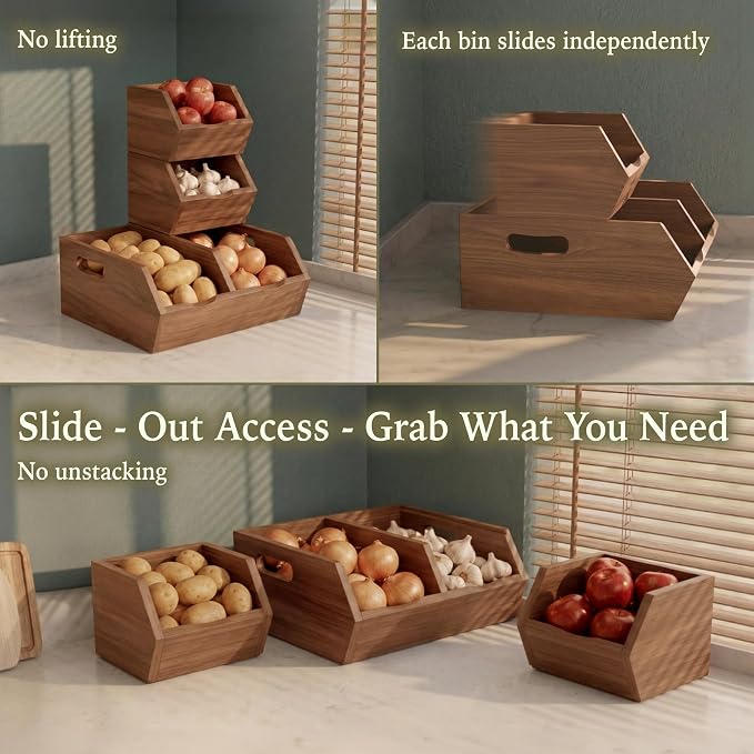 Acacia Wood Pantry Storage Bins Set of 3, Stackable Kitchen Storage Baskets for Potatoes, Onions and Produce, Handcrafted Wooden Organizer for Pantry, Counter and Cabinet