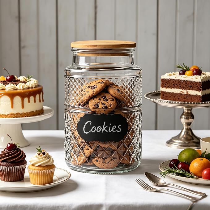 Prettidecor 60 FL OZ Large Glass Storage Jar with Bamboo Lid 2 Pack | Kitchen Laundry Room Organization Jar for Cookies Coffee Flour Sugar Laundry Pods Detergent Airtight Glass Jars