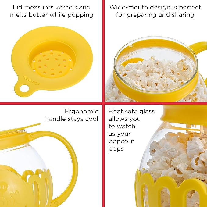 Ecolution Patented Micro-Pop Microwave Popcorn Popper with Temperature Safe Glass, 3-in-1 Lid Measures Kernels and Melts Butter, Made Without BPA, Dishwasher Safe, 1.5-Quart, Yellow (Pack of 4)