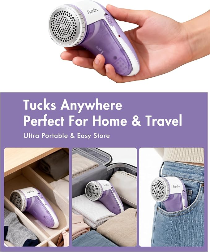 Ruidla Fabric Shaver Lint Shaver Defuzzer, Rechargeable Lint Remover | Electric Sweater Shaver with Replaceable Stainless Steel 3-Leaf Blades,Dual Protection,Removable Bin Easy Remove Fuzz(Purple)