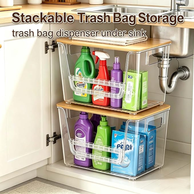 2-Pack Trash Bag Holder Dispenser with Bamboo Lid | Stackable Dispenser, Clear Plastic Organizer for Under Sink, Kitchen, Pantry, Laundry Room, Fits 13, 30, 33 Gallon Bags