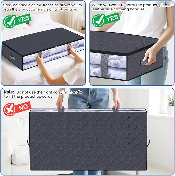 TasticTotes Under Bed Storage Containers, 2 Pack Blanket Storage Bags, Collapsible Storage Bags with Big Zippers, Clear Front, Shoe Storage and Organization for Clothes, Comforter, 90L, Grey