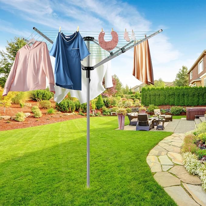tonchean Adjustable Height Rotary 4-arm Clothesline Umbrella Drying Rack | Collapsible Clothes Drying Rack for Laundry Outdoors Dryer Collapsible Clothes Drying Rack | 12-Lines with 165ft. Clothesline