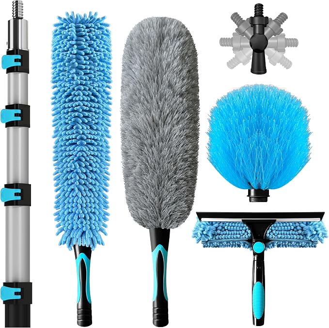 COVERONICS 25FT High Duster Cleaning Tools with 5-20FT Extension Poles | Reusable Fan Duster Cleaning Kits with Ceiling Fan Cleaner Duster, Window Squeegee, Microfiber Feather Duster & Cobweb Duster