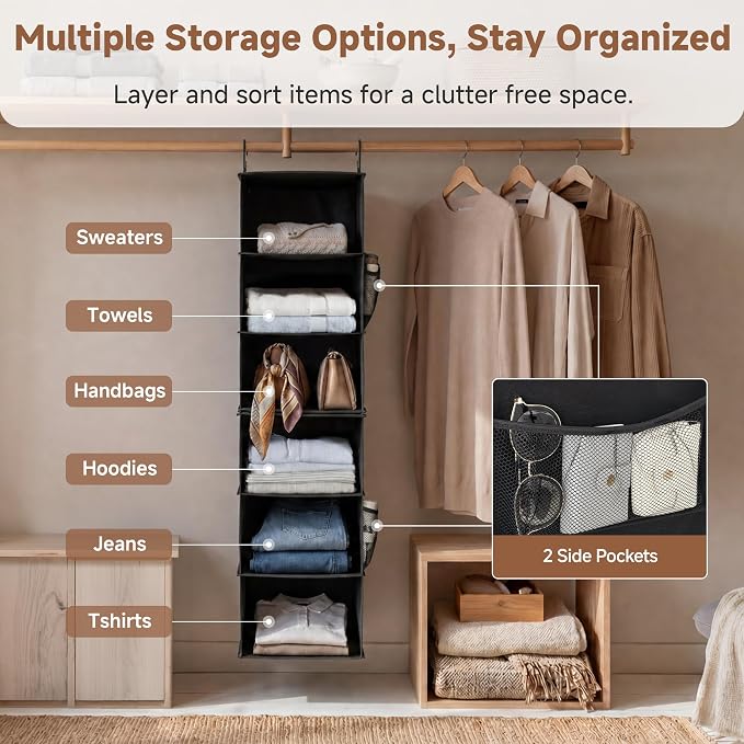 StorageWorks Hanging Closet Organizer 6-Shelf, Separable Two 3 Shelf Closet Storage Organizer with Side Pockets, Portable Hanging Shelves for Clothes, Sweater,12 1⁄2" D x 12 1⁄2" W x 47 ¼"H, Black