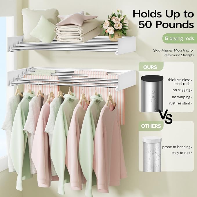 Vikaqi Wall Mounted Clothes Drying Rack 32", Foldable Wall Laundry Rack | Collapsible Drying Rack Clothing Folding Indoor, Hidden Space Saver with Wall Template, 5 Rods, White