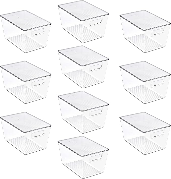 Clear Storage Bins with Lids, 10 Pack Large Stackable Clear Bins, Clear Storage Containers with Lids, Plastic Organizer Boxes for Pantry Storage, Kitchen Cabinets, Closet Organization, Bathroom