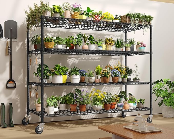 Heavy Duty Garage Shelving with Wheels: 55.5" W x 24" D x 81" H 4 Tier Wire Metal Storage Shelves, Adjustable NSF Commercial Shelf, Rolling Tote Rack Organizer for Pantry, Warehouse, 8PCS