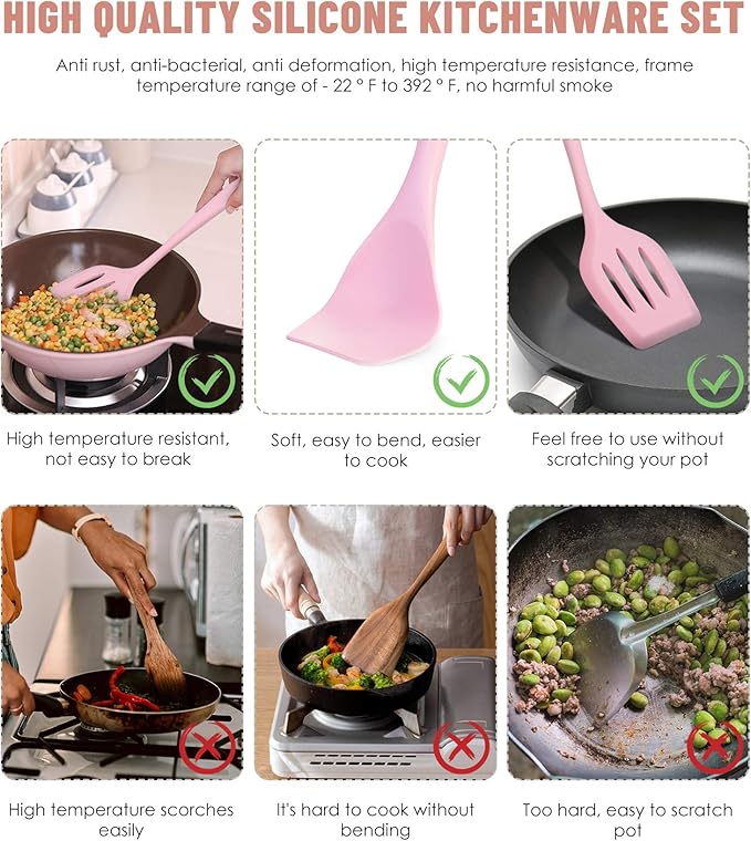 Kitchen Utensils Set-12 Pieces Silicone Cooking Utensils Set (Dishwasher Safe) 392°F Heat Resistant Spatula Set, Nonstick Cookware