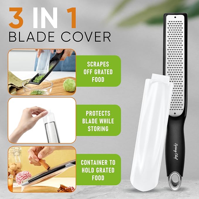 Spring Chef Premium Lemon Zester Grater with Handle - Fruits, Garlic, Chocolate, Nutmeg, Ginger Grater - Heavy Duty Kitchen Tool - Stainless Steel Citrus Zester with Blade Cover - Fine Shred, Black