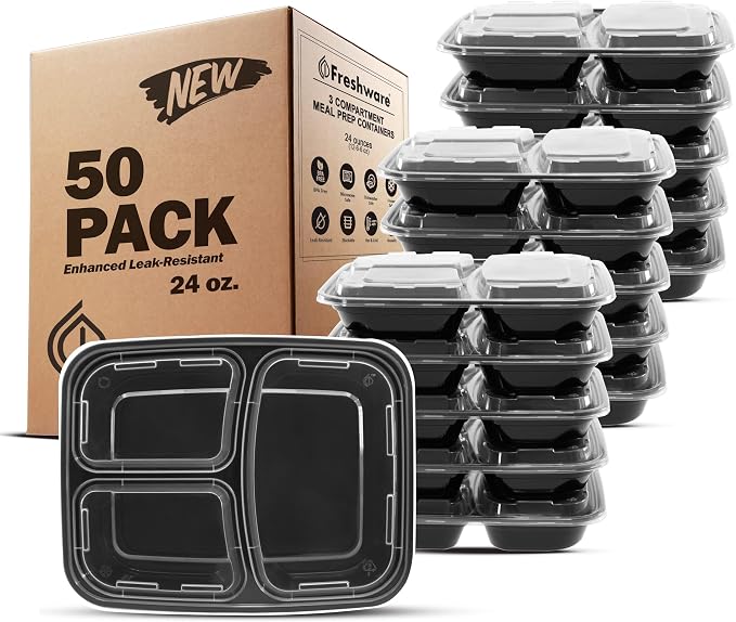 Freshware Meal Prep Containers 50 Count, 3 Compartment Food Storage Containers with Lids, Bento Box, BPA Free, Stackable, Microwave/Dishwasher/Freezer Safe (24 oz) (Pack of 6)