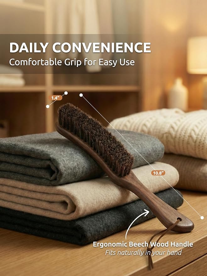 TAKAVU Horsehair Clothes Brush for Suits, Large Walnut Wood Handle | Lint Brush for Coats, Cashmere, Wool, Velvet & Suede Upholstery, Hats & Jackets, Natural Bristle Garment Care